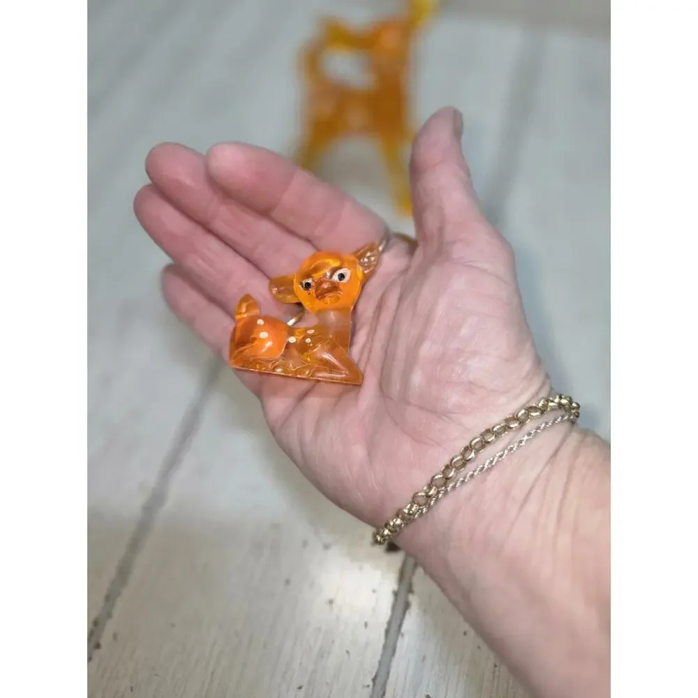Vintage 1970s Orange Lucite Bambie Momma Deer And 2 Fawns Deer Family Kitschy